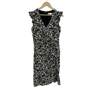 Michael Kors Green Black Floral Faux Wrap Ruched Ruffle Shoulder Dress XL Slinky